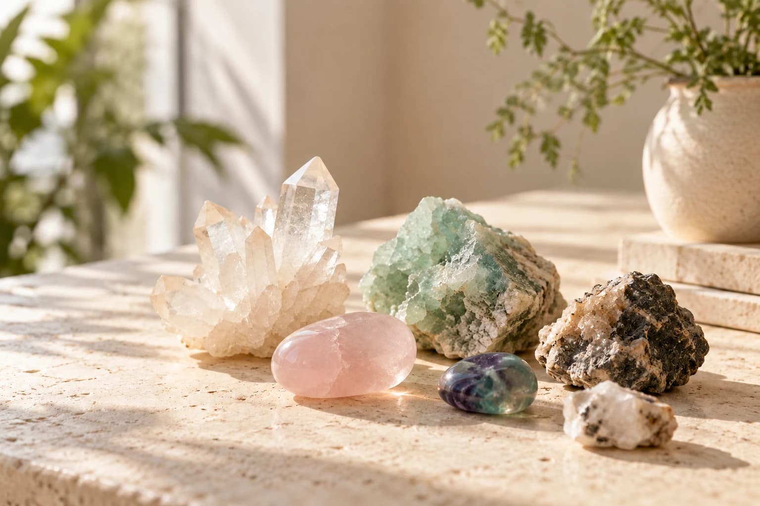 Translucent, pale green and pink minerals arranged on a sunlit stone surface.