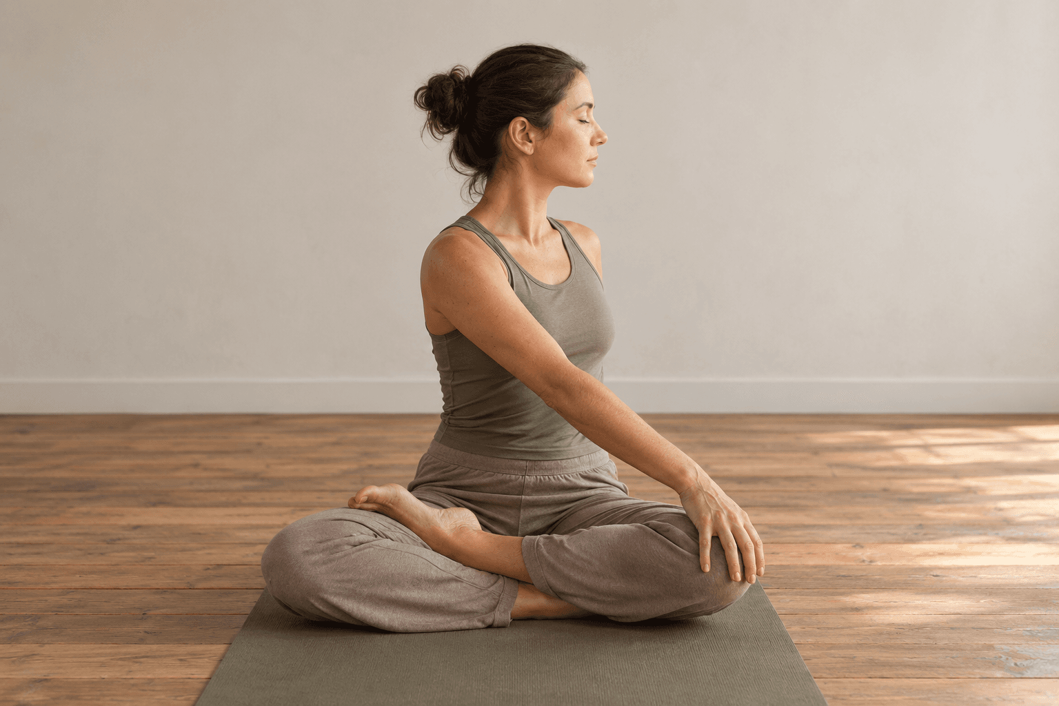 A person sits cross-legged on a yoga mat with eyes closed and their torso gently turned to one side.